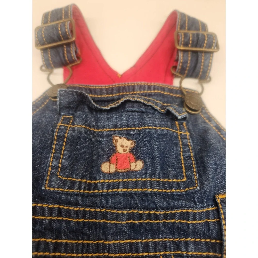 Kitestrings By‎ Hartstrings Blue Denim Overalls Teddy Bear Embroidery 0-3 Months